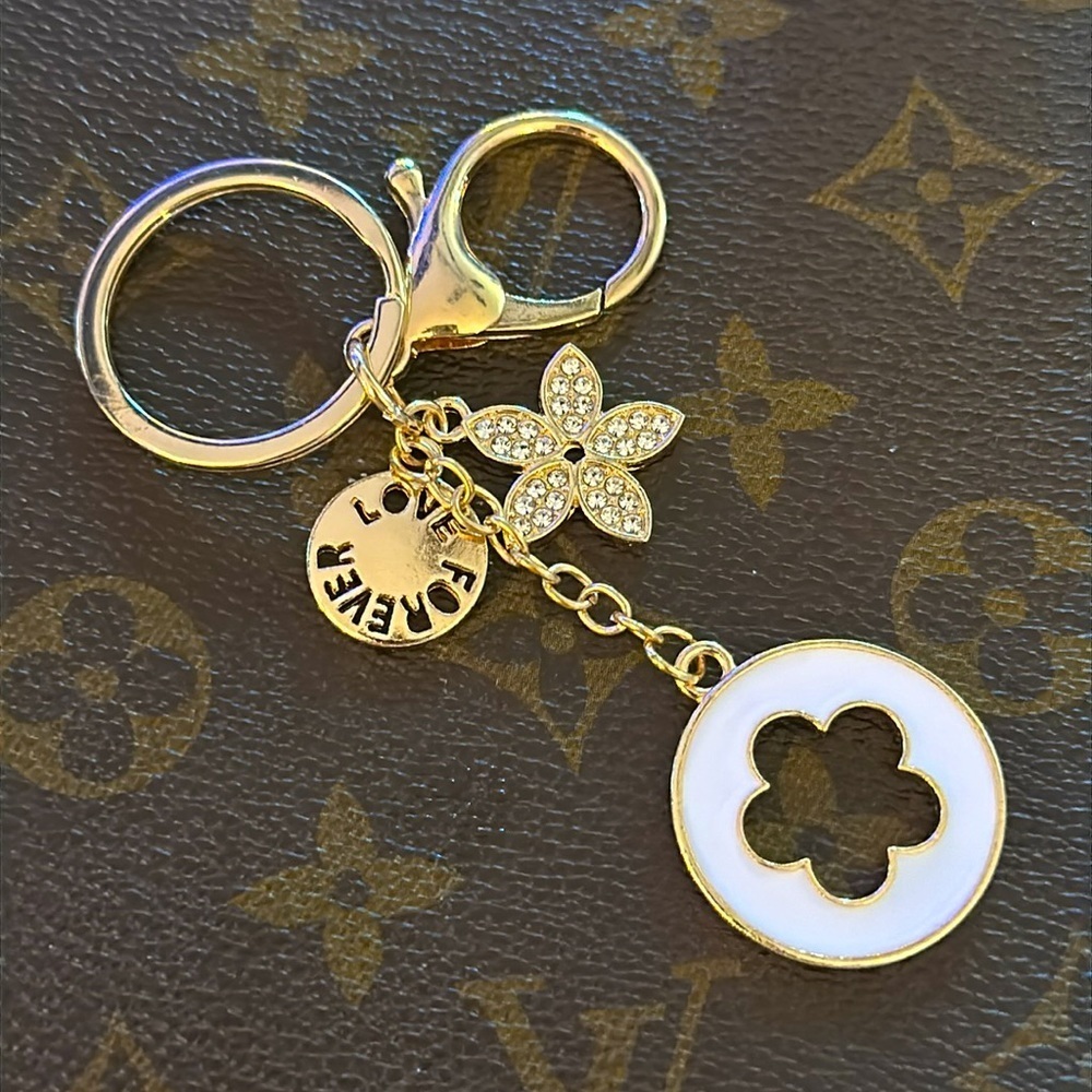 Keychain with Bag Charms in Gold Tone with Clear Rhinestones and Lacquer Charms
